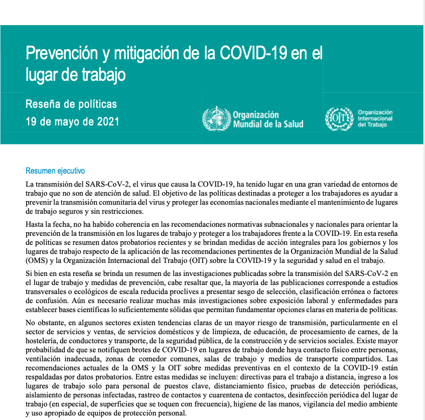 Prevención y mitigación de la COVID-19 en el lugar de trabajo: reseña de políticas.